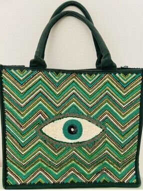 America And Beyond Large Green Beaded Eye Tote Bag NWT